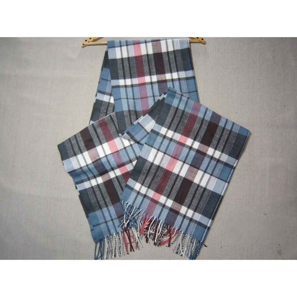 Oversized Plaid Blanket Scarf Wrap Super Soft Blue Pink White Fringe 23x80